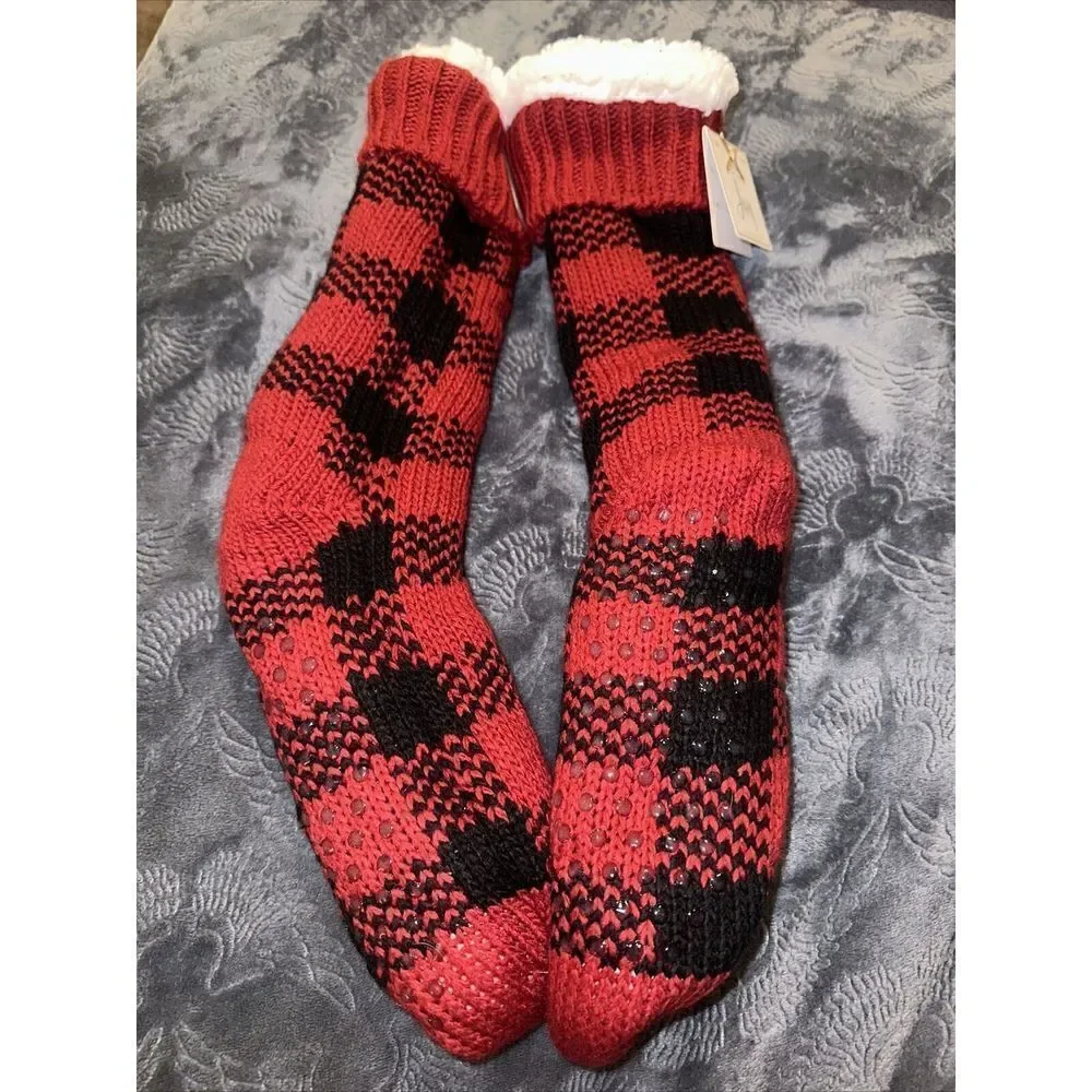 Women's Slipper Socks Buffalo Check Plaid Sherpa Lined  Red/Black Size 4-10. N